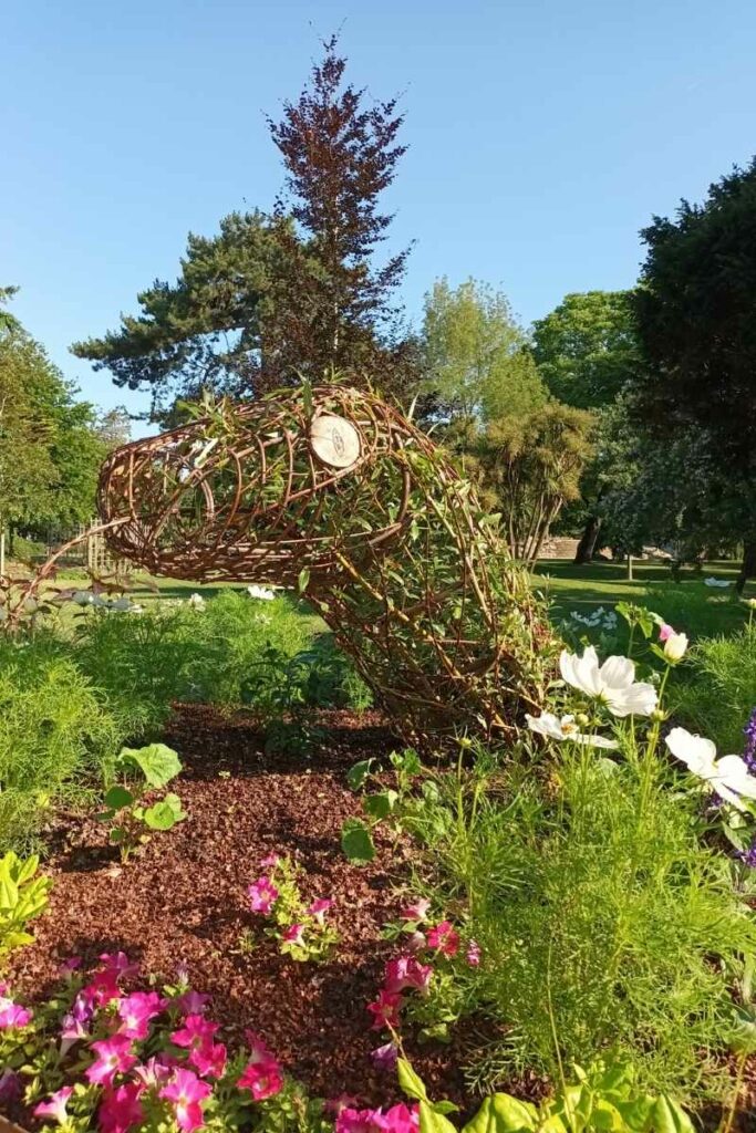 Parcs et Jardins avec son chien : sculpture végétal représentant une tête de serpent au jardin des plantes de Saint-Nazaire