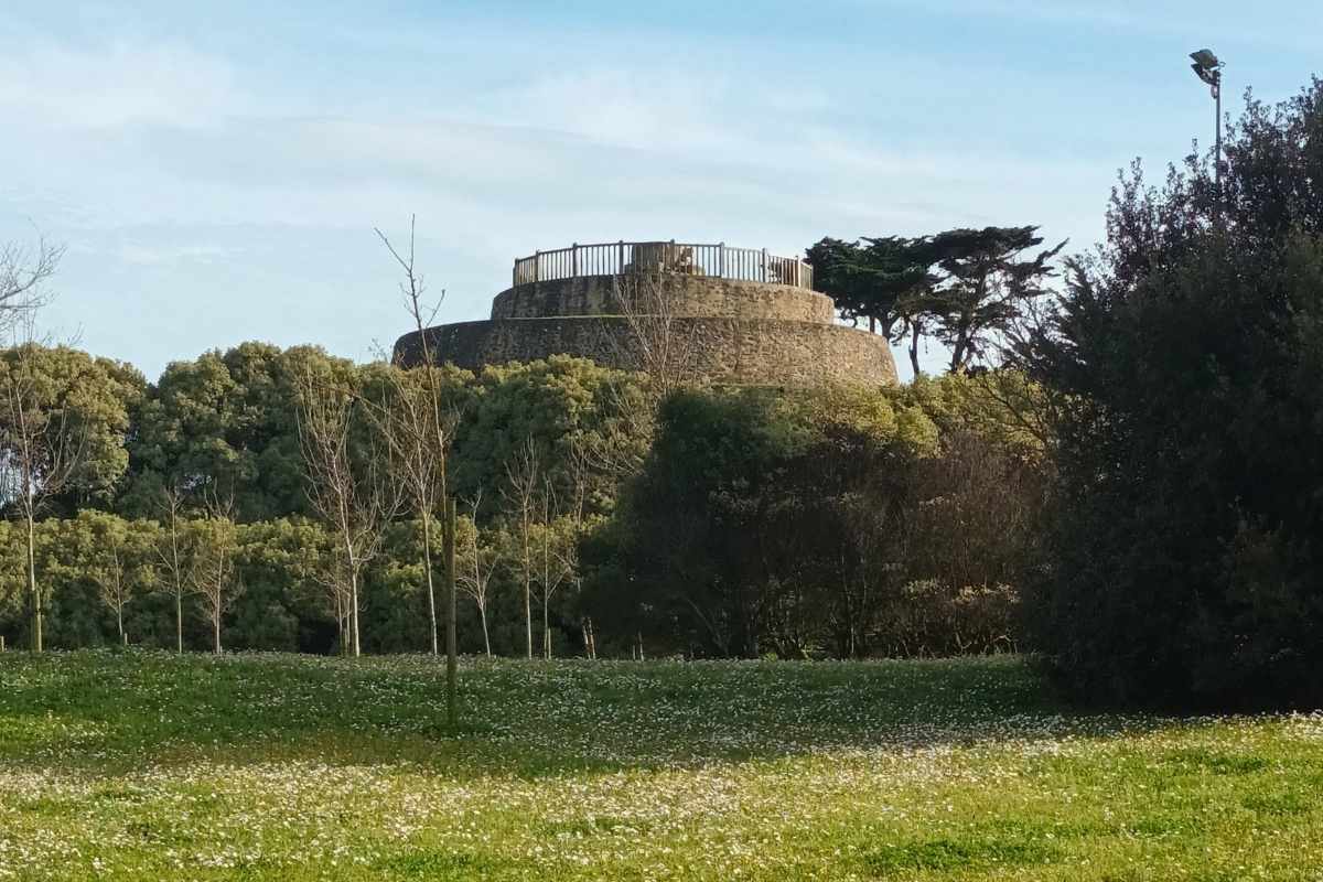 Vu sur la plaine verdoyante le belvédère Yves Chelet lors d'une balade chien au Mont Esprit au Croisic