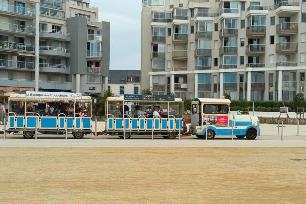 Petit train passant le long du remblai de Pornichet lors d'une balade chien