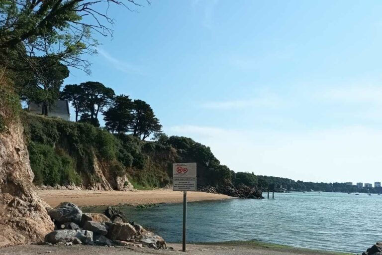 Plateforme face à la mer à la plage de Virechat à marée haute, avec un chien attendant la balade