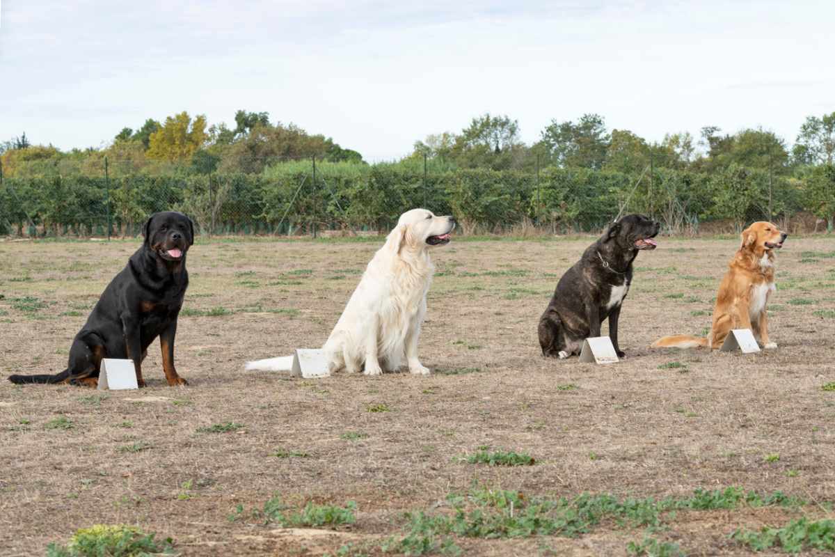 chiens assis en séance d'éducation au club canin en Loire-Atlantique